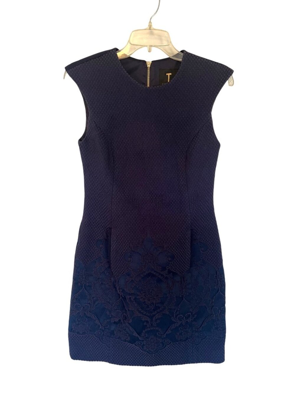 Ted Baker Zalad Jacquard Navy Blue Sheath Mini Dress Sleeveless Pockets 1/4